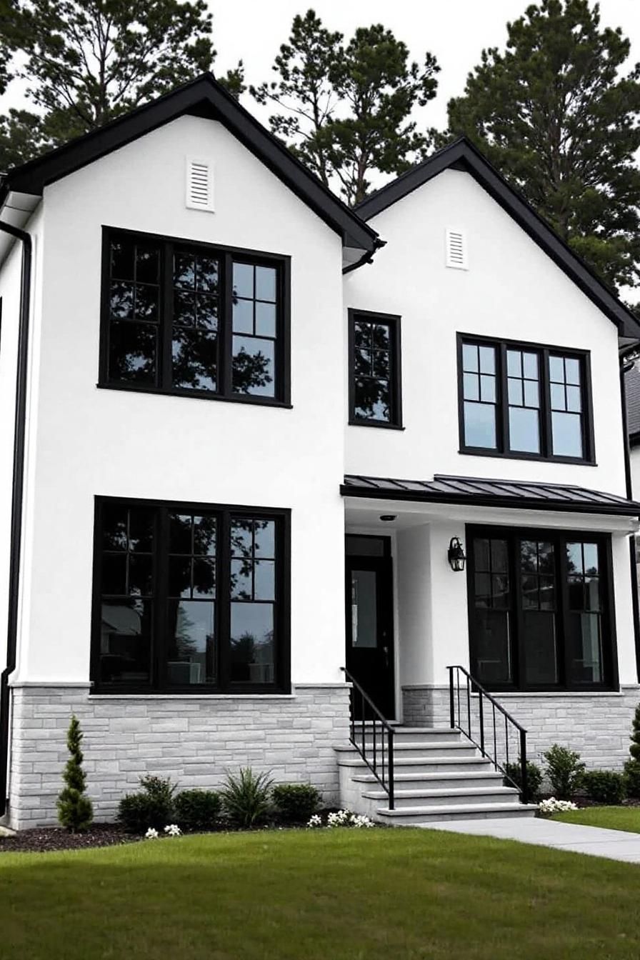 White house with dramatic black trims and lush green lawn