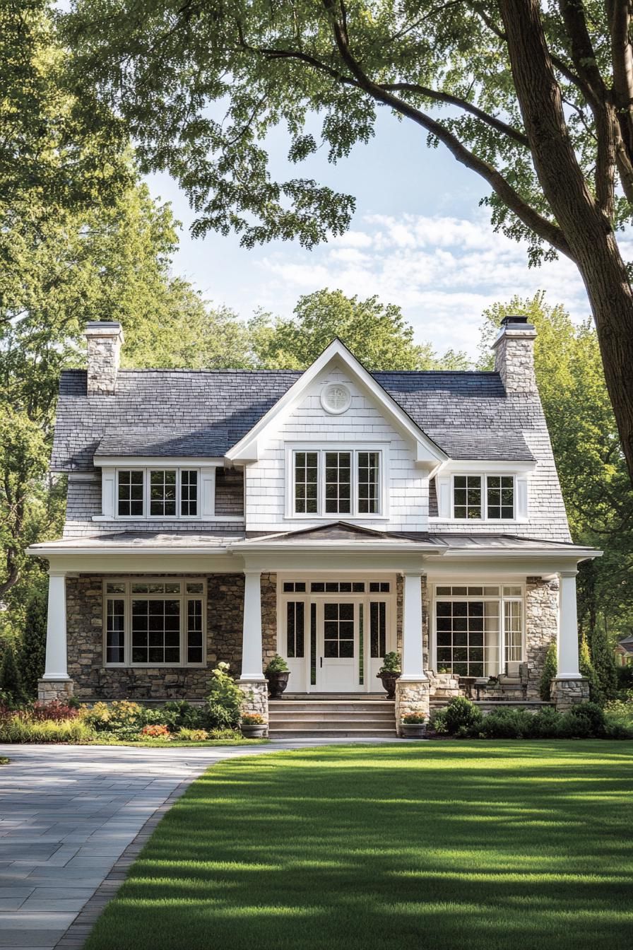 Charming stone and shingle house with lush lawn