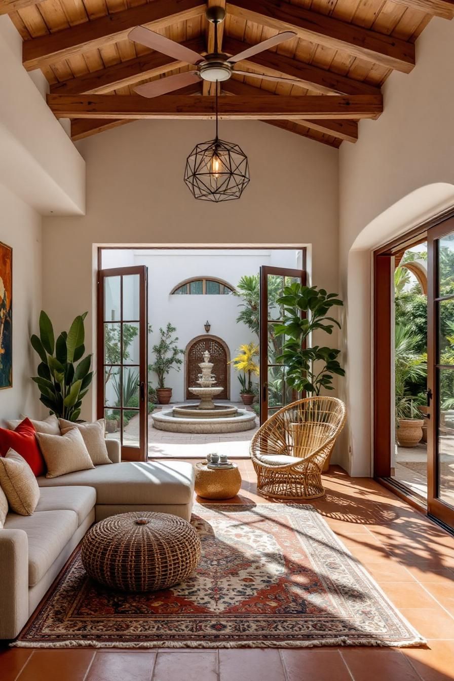 Spanish-inspired interior with open doors to a courtyard fountain