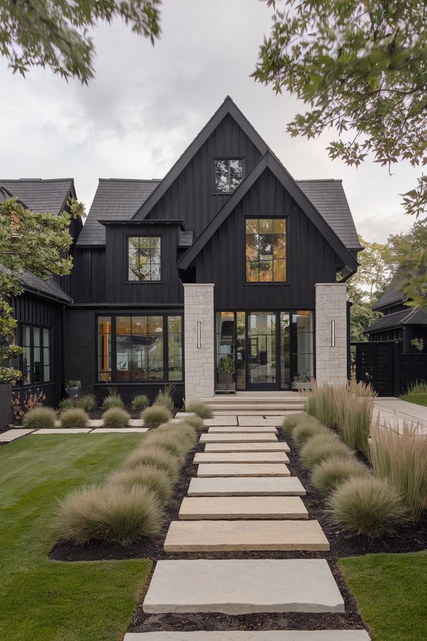 Contemporary black house with gabled roof and glass accents