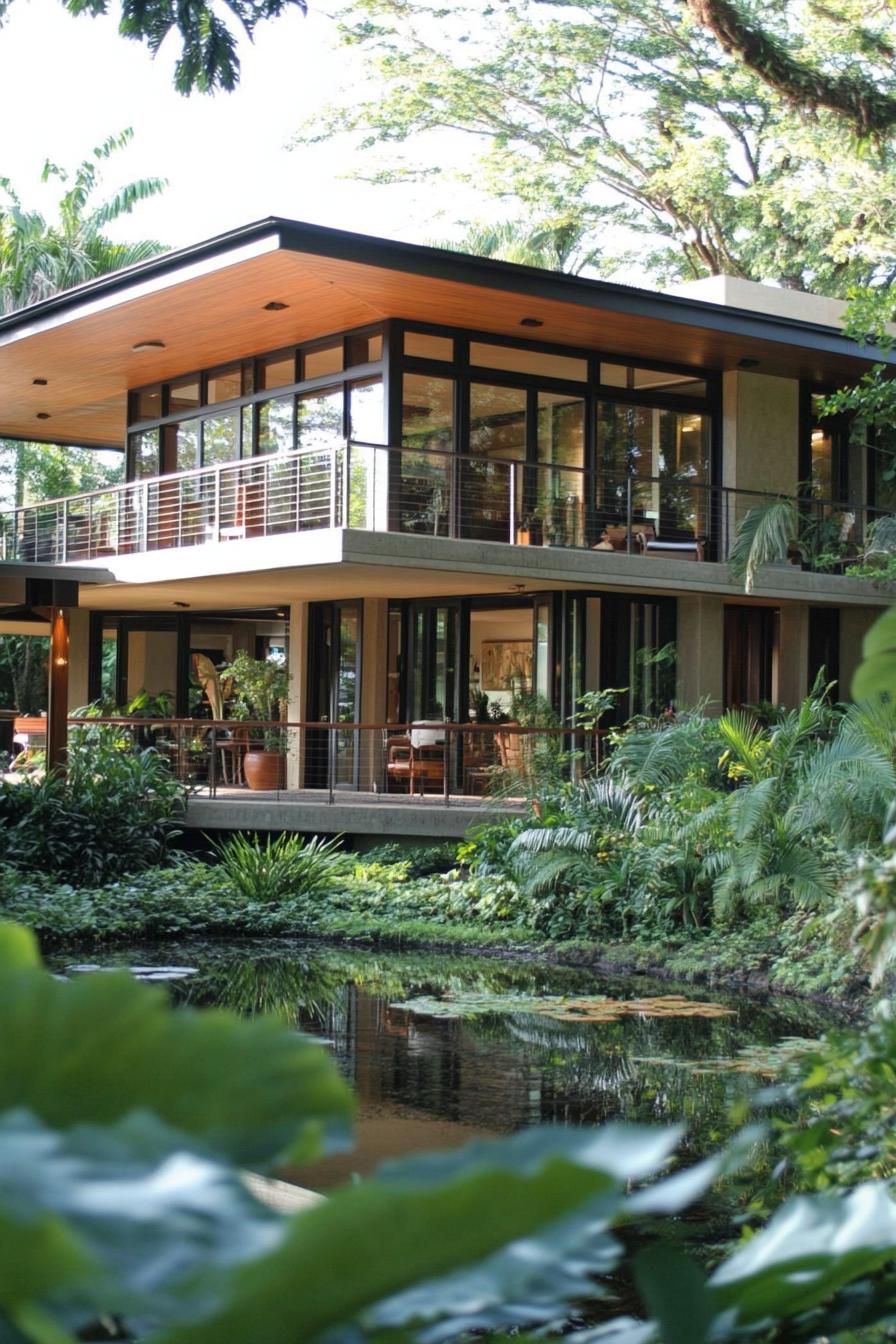 Modern house surrounded by greenery and a pond