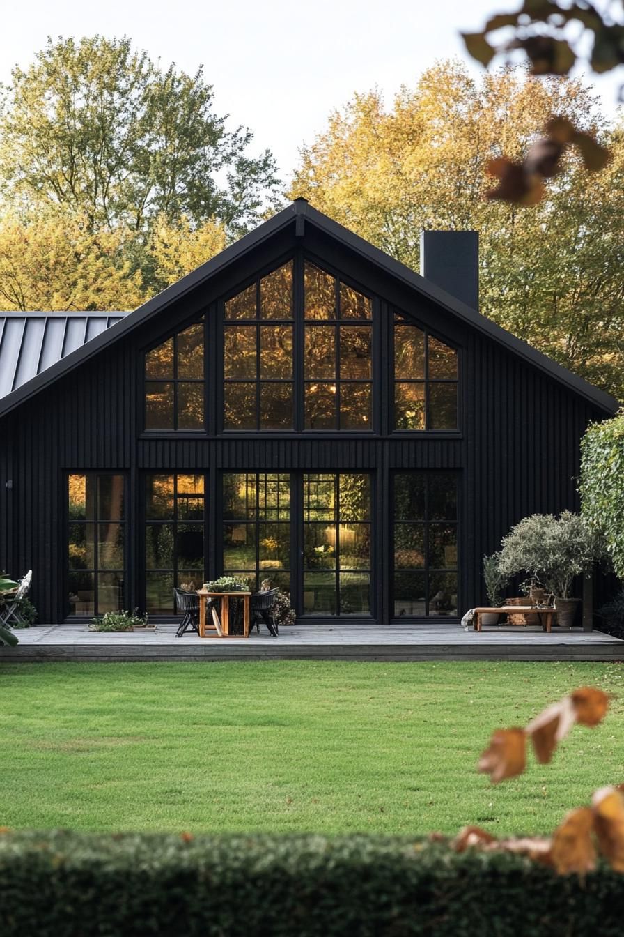 Modern black A-frame house with large glass windows and a lush green lawn