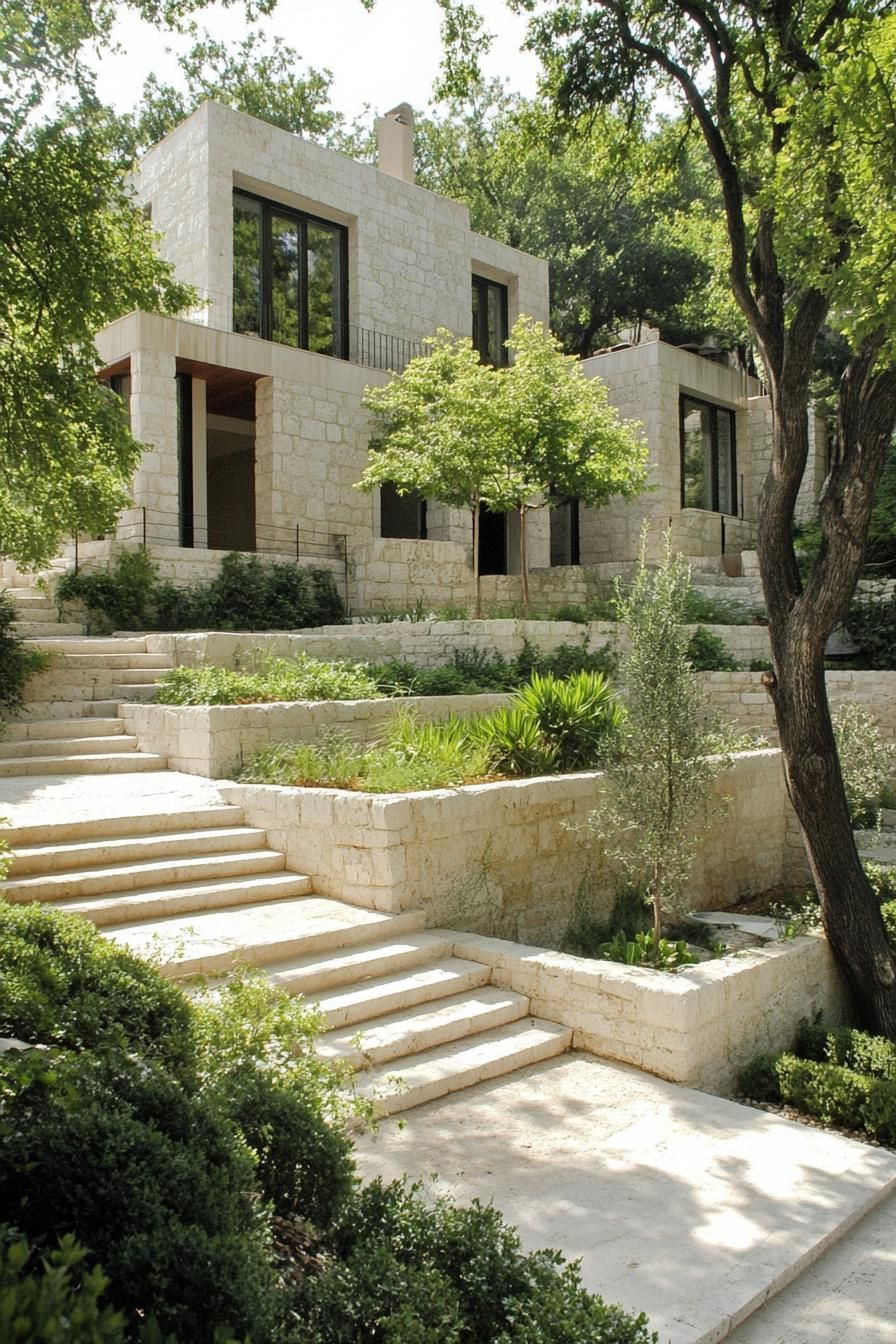 contemporary limestone mediterranean house with multi levels no roof roof terraces modern windows cascading garden with steps trees and native