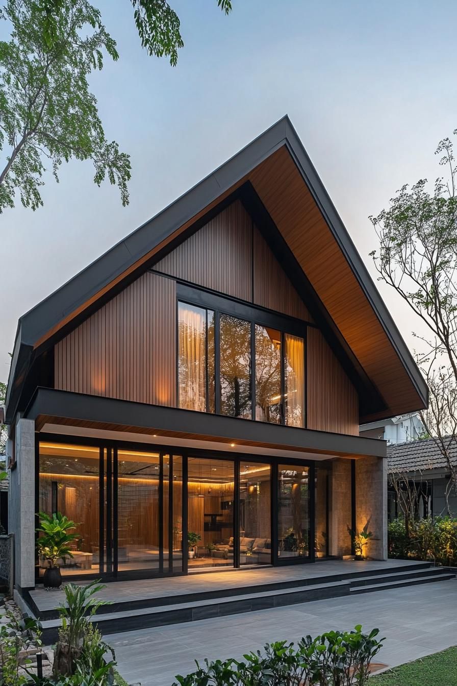 Modern Thai house with large windows and a triangular roof