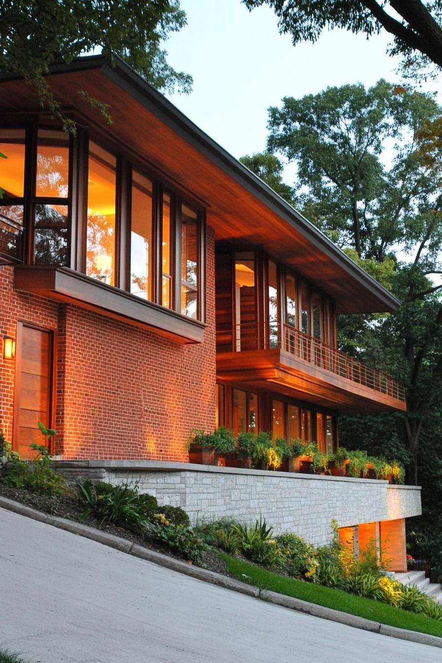 modern slope cascading house facade with red brick siding slanted roof along the hill full wall windows with wooden frames 3