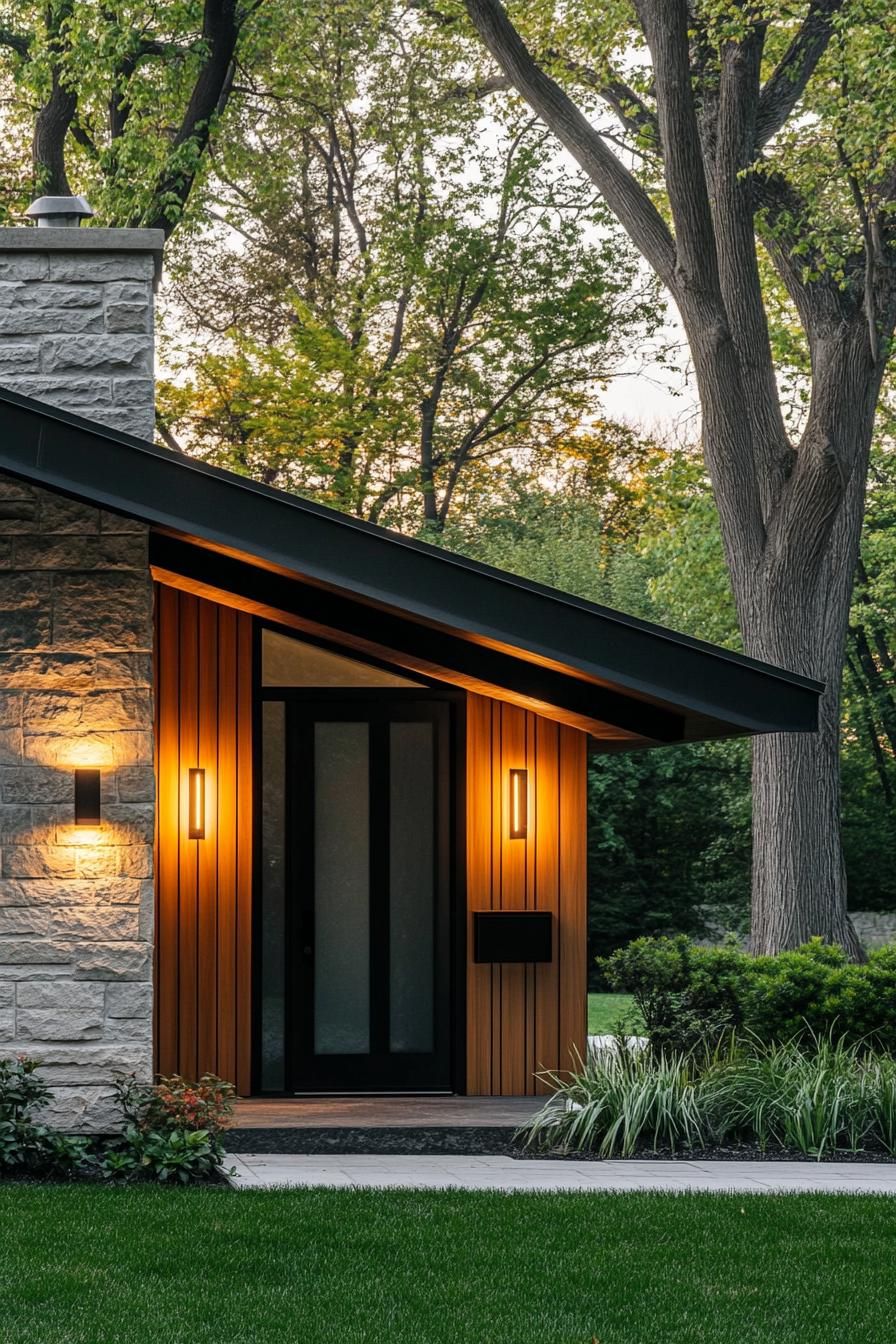 Modern house entrance with wood and stone accents