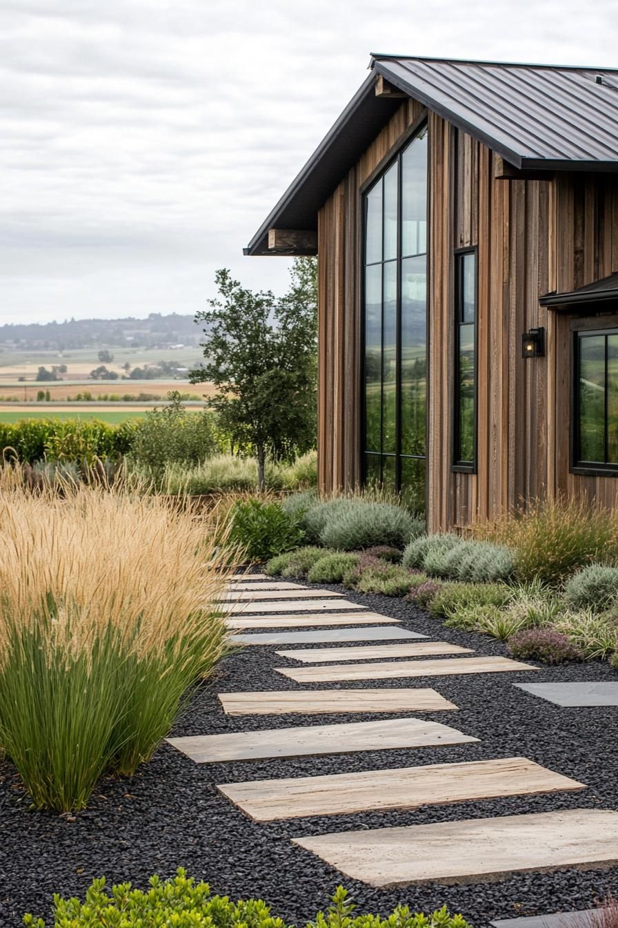 farmhouse with reclaimed wood siding modern windows front yard cobblestones on dark mulch ornamental and feather grasses farmlands in the 3