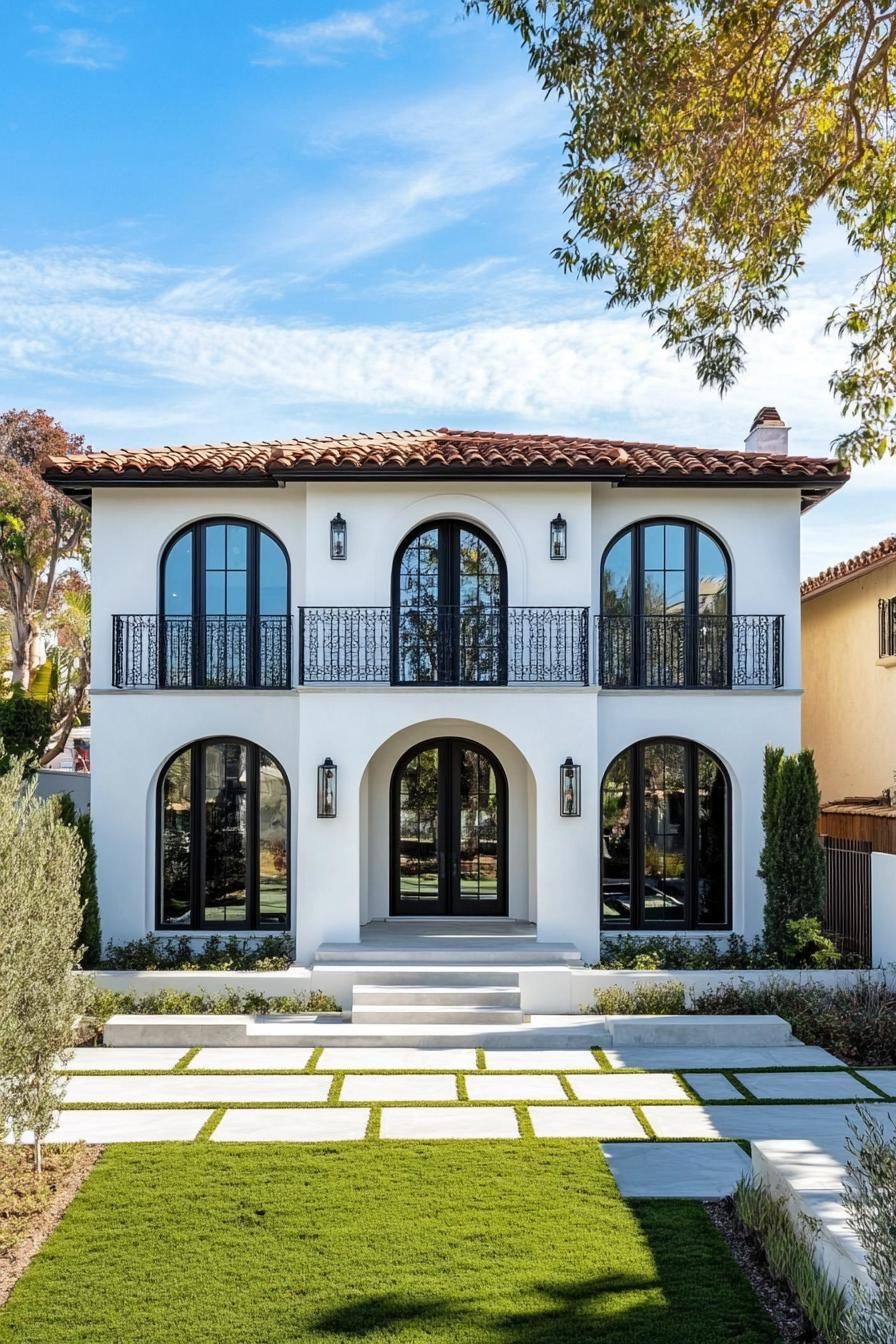 Two-story house with arched windows and red-tiled roof