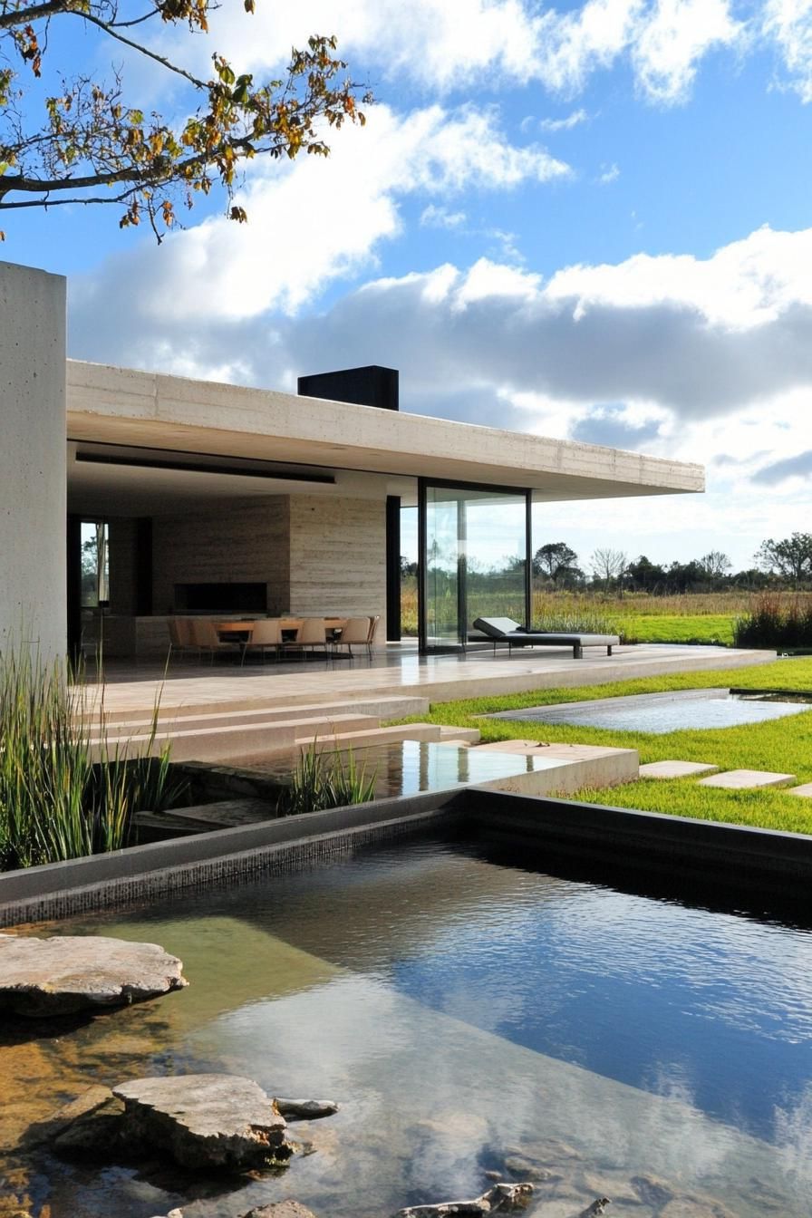 modern single story house with large patio flat sectional roof uneven terrain with grass small pool outside of the porch in foreground