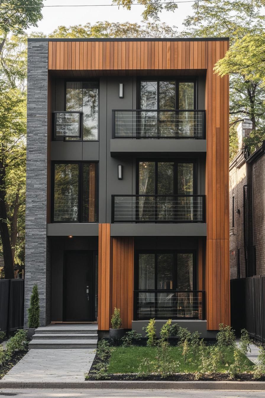 modern cube house with fluted natural wood section windows with small balconies with glass railings grey siding with grey stone siding sections 1