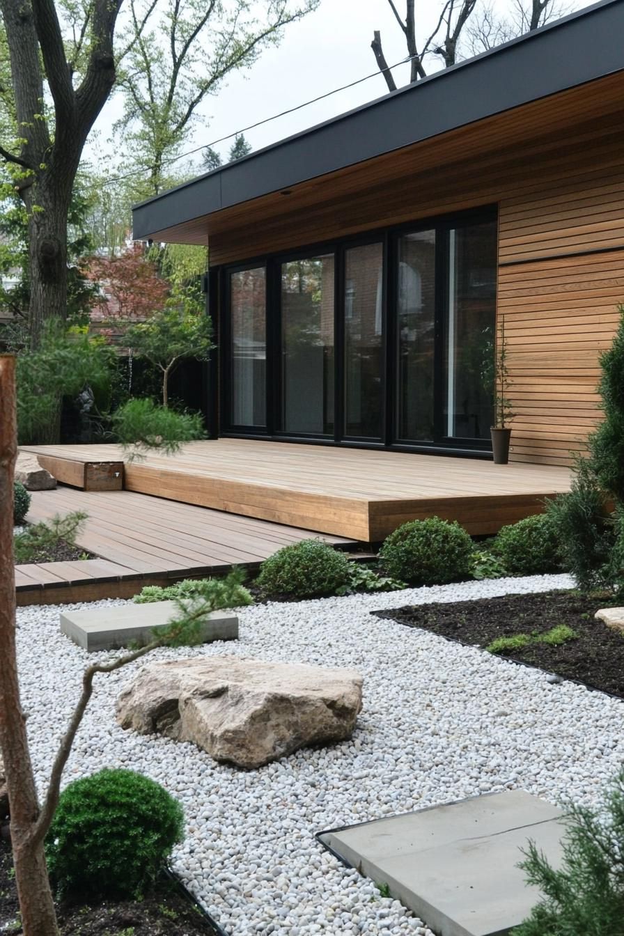 Wooden deck opening to a tranquil gravel garden