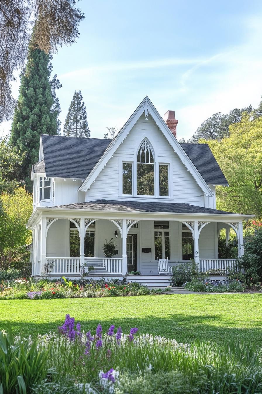 White wooden Gothic house with arched windows and a charming porch