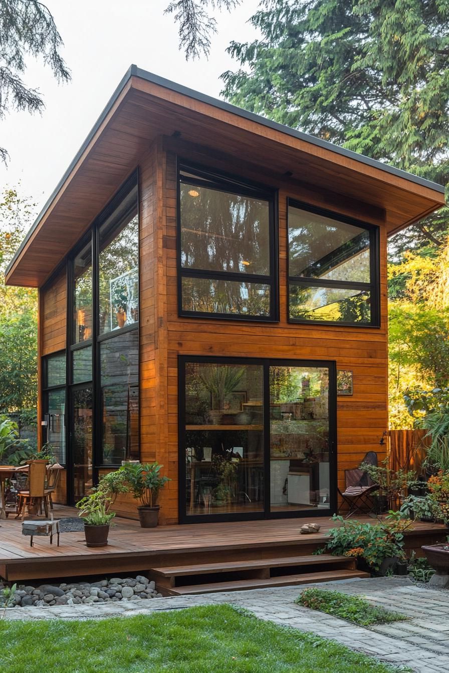 Two-story wooden house with large glass windows