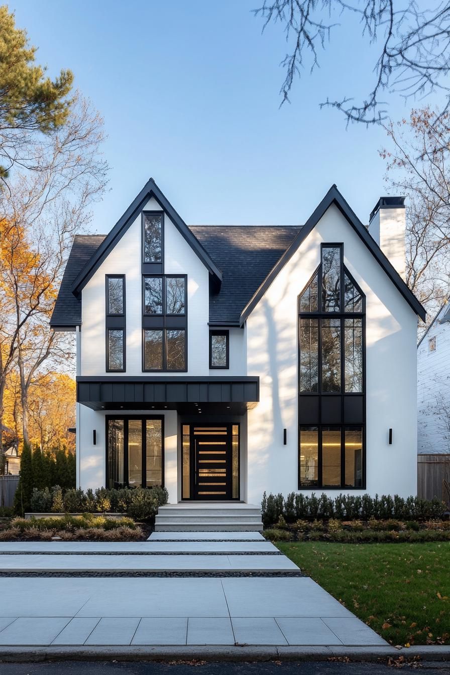 Sleek white house with black trim and modern windows