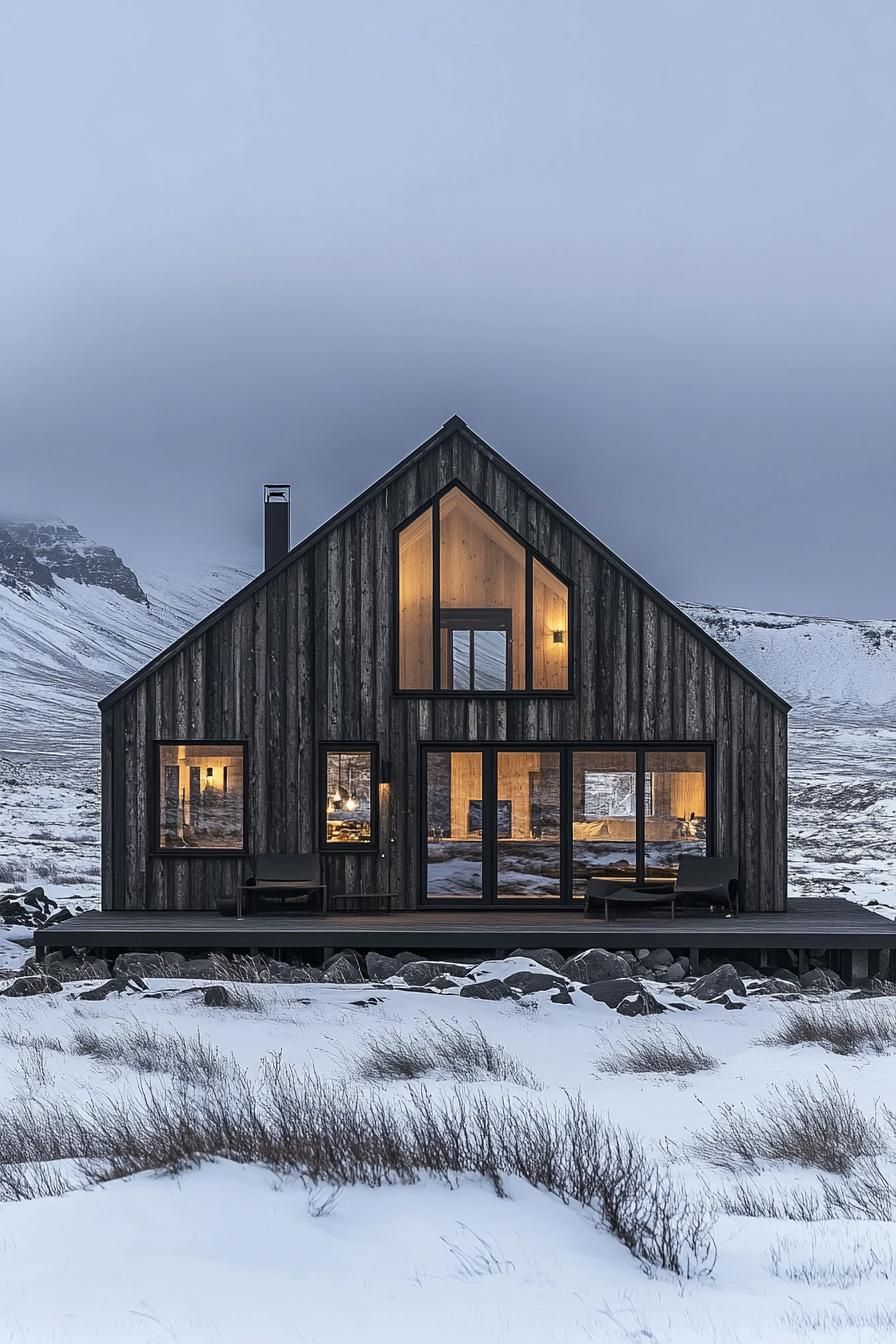 A wooden cabin glowing amidst snowy mountains