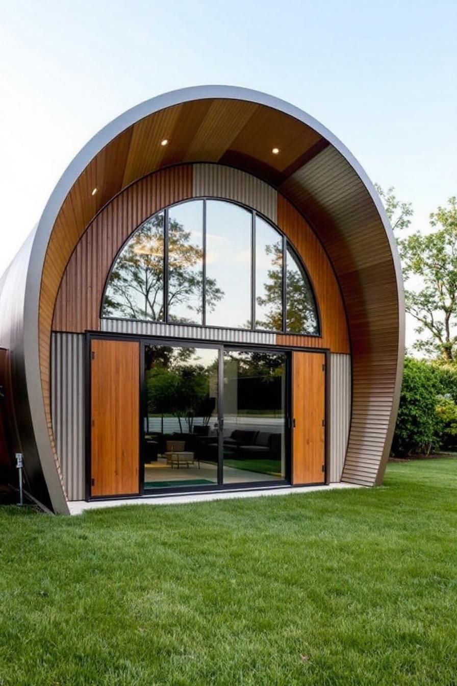 Curved metal structure with wooden accents and large glass doors