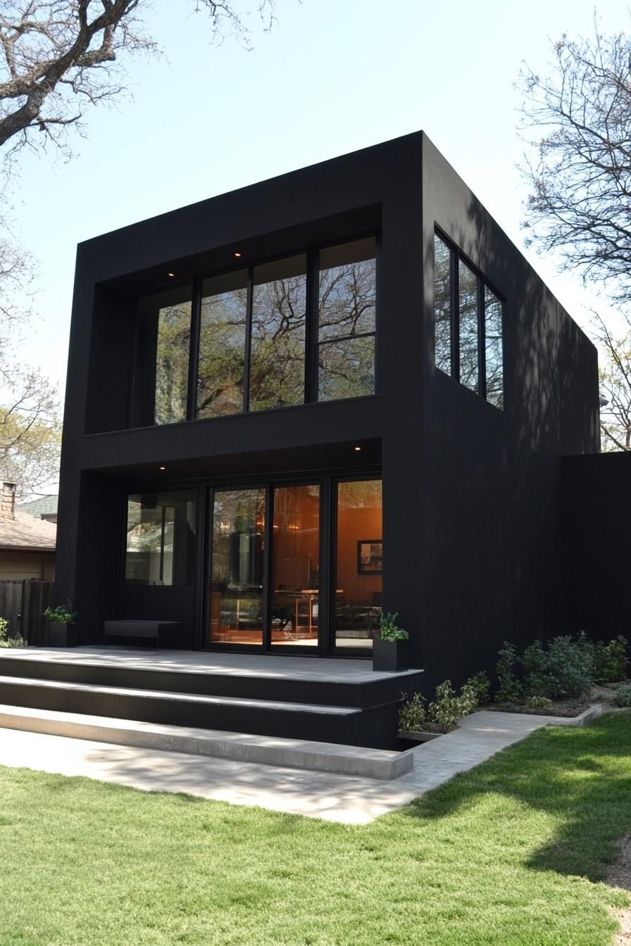 Minimalist black house with large windows and wooden deck