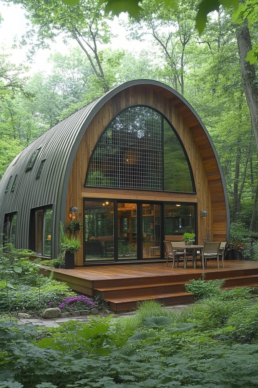 Quonset hut nestled in a lush green forest