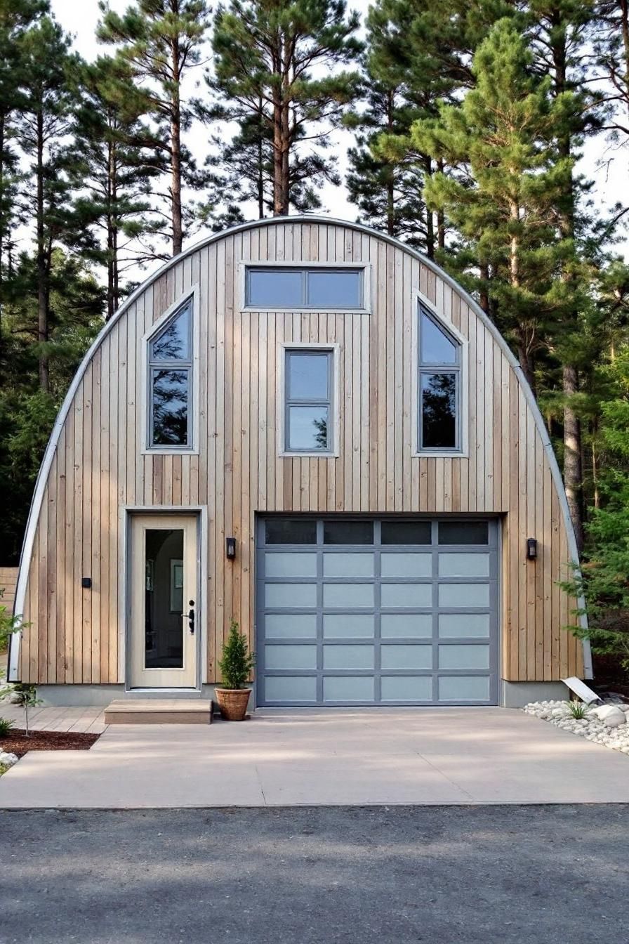 Quonset hut front view with surrounding trees