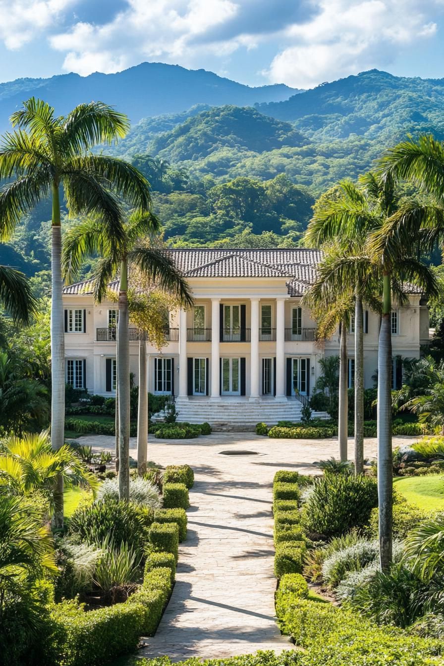 high angle view of colonial style manor facade with columns and modern windows large front garden with native shrubs tall palms and paved paths 1