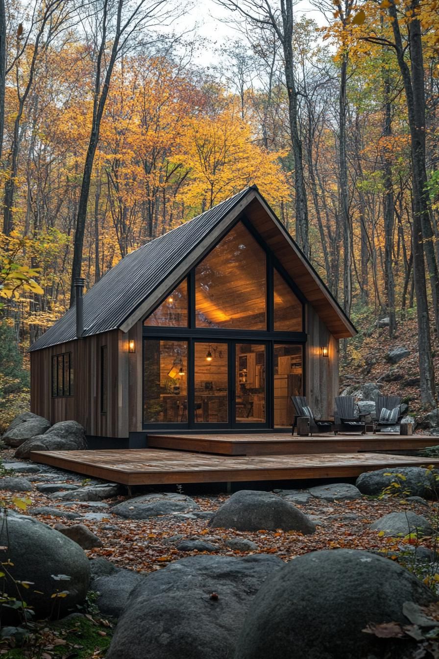 A modern A-frame cabin amidst autumn trees