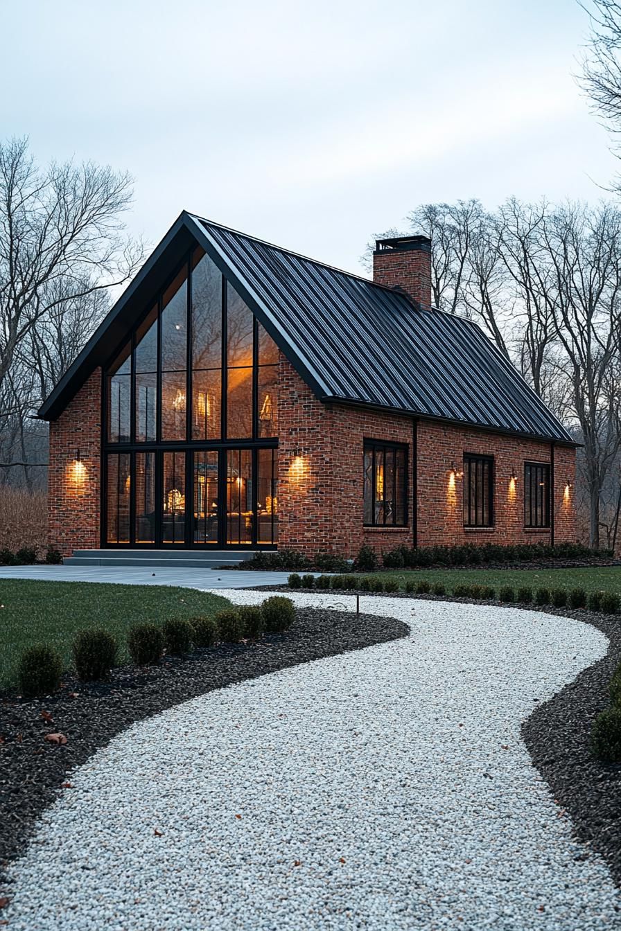 Modern barn house with glass front and brick exterior