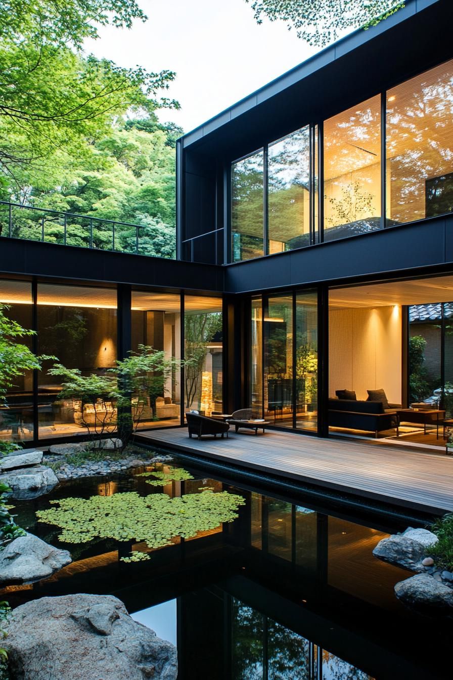 modern dark house courtyard with zen garden large glass windows wooden decks plush furniture pond with rocks and greenery tall lush trees in the 1