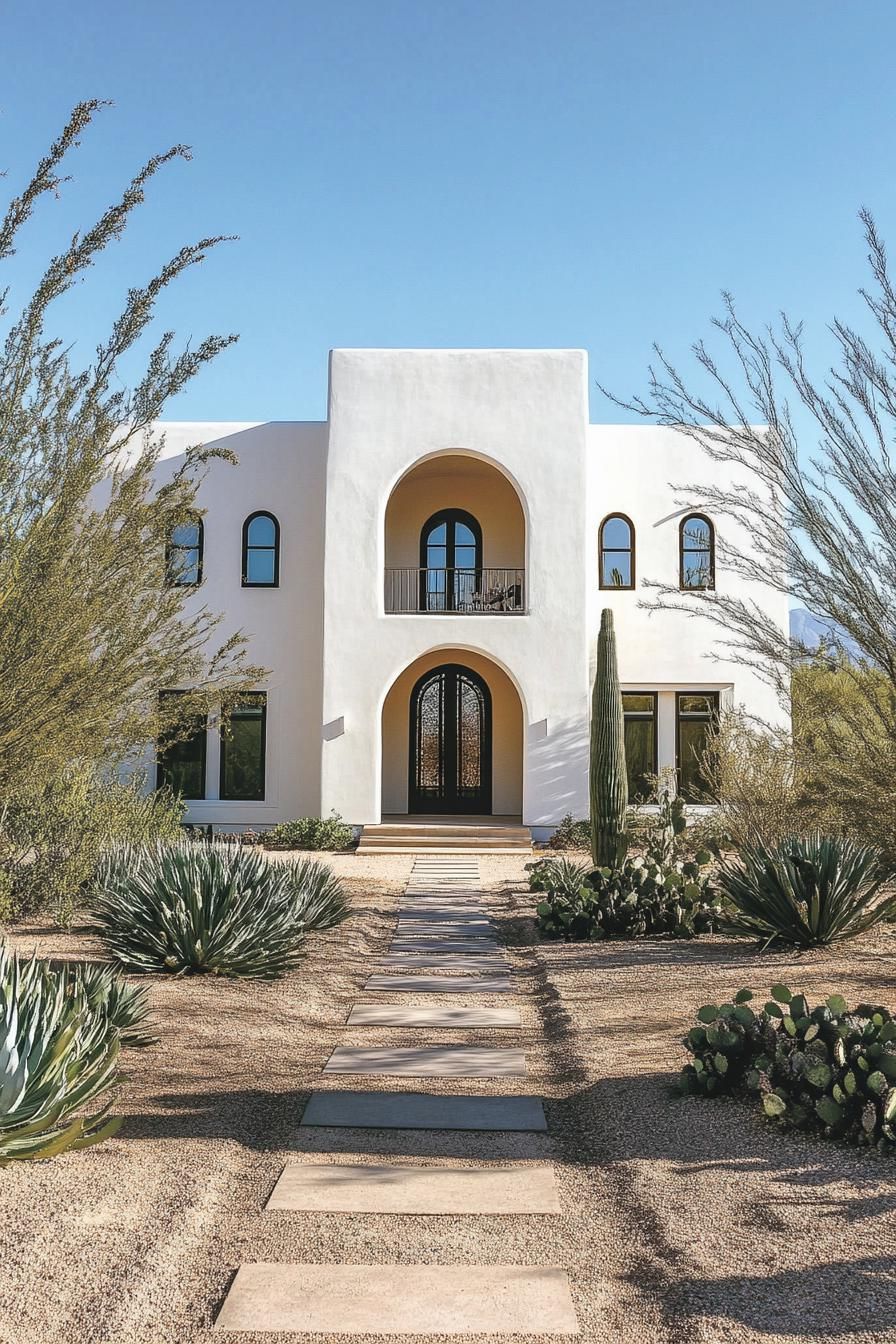 Contemporary desert house with arched windows and rustic landscaping