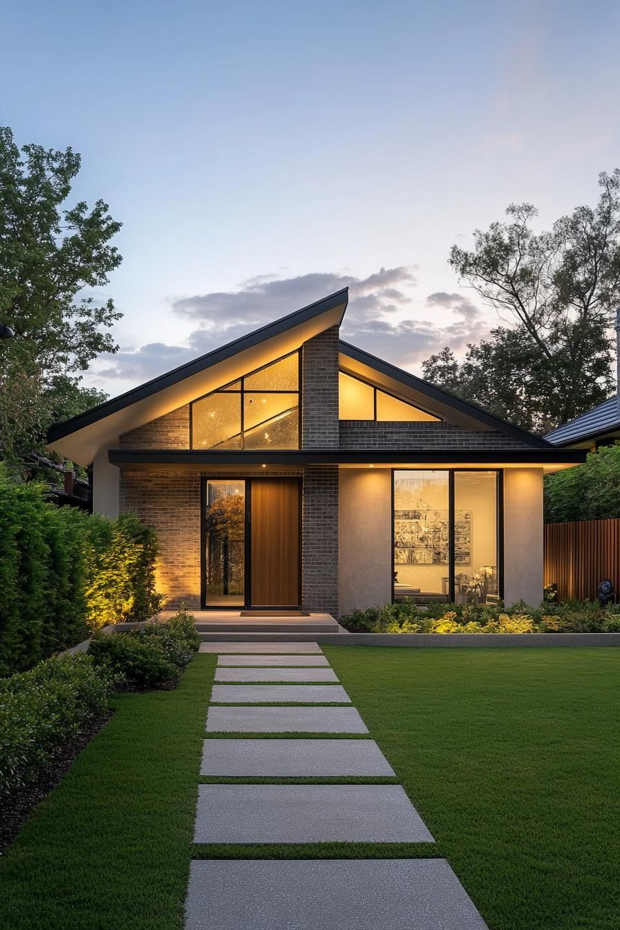 Contemporary bungalow with angular roof and large windows at dusk