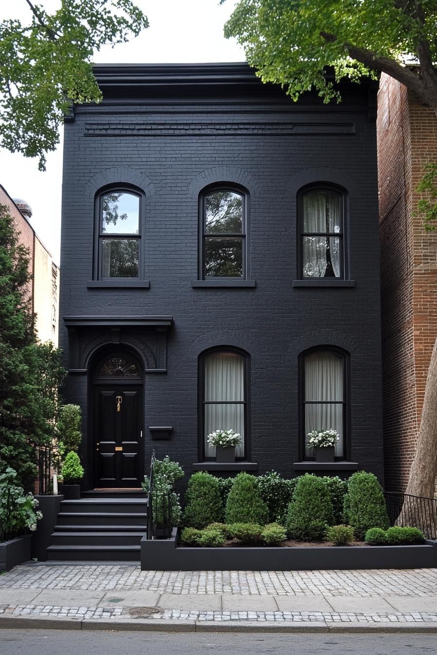 Black-painted house with arched windows, surrounded by lush greenery