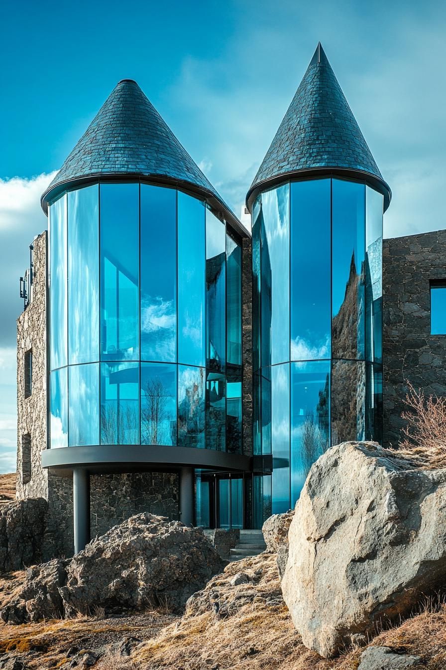 Modern house with glass turrets reflecting the sky