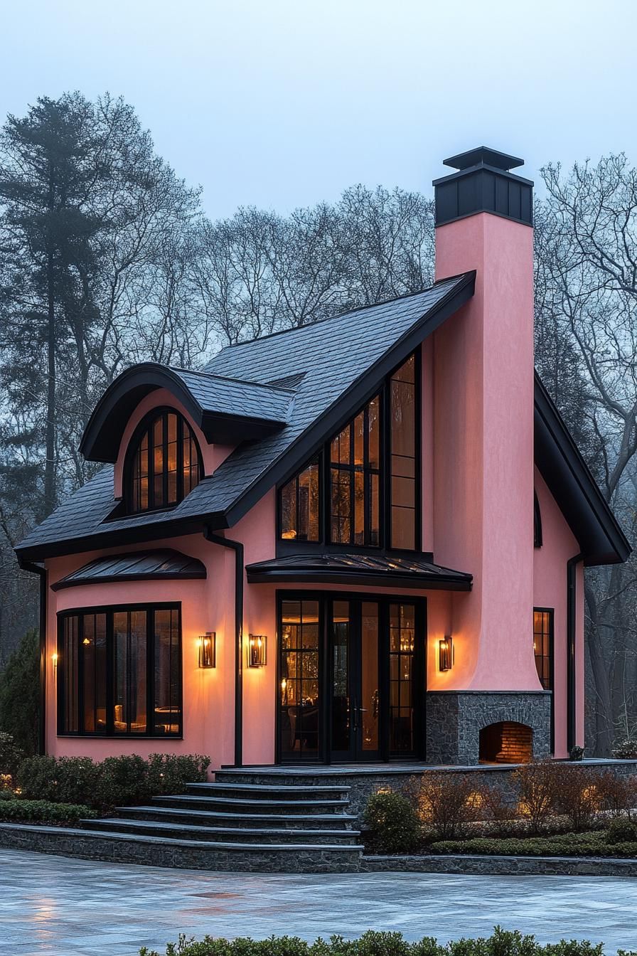 Charming pink house with large windows among towering trees