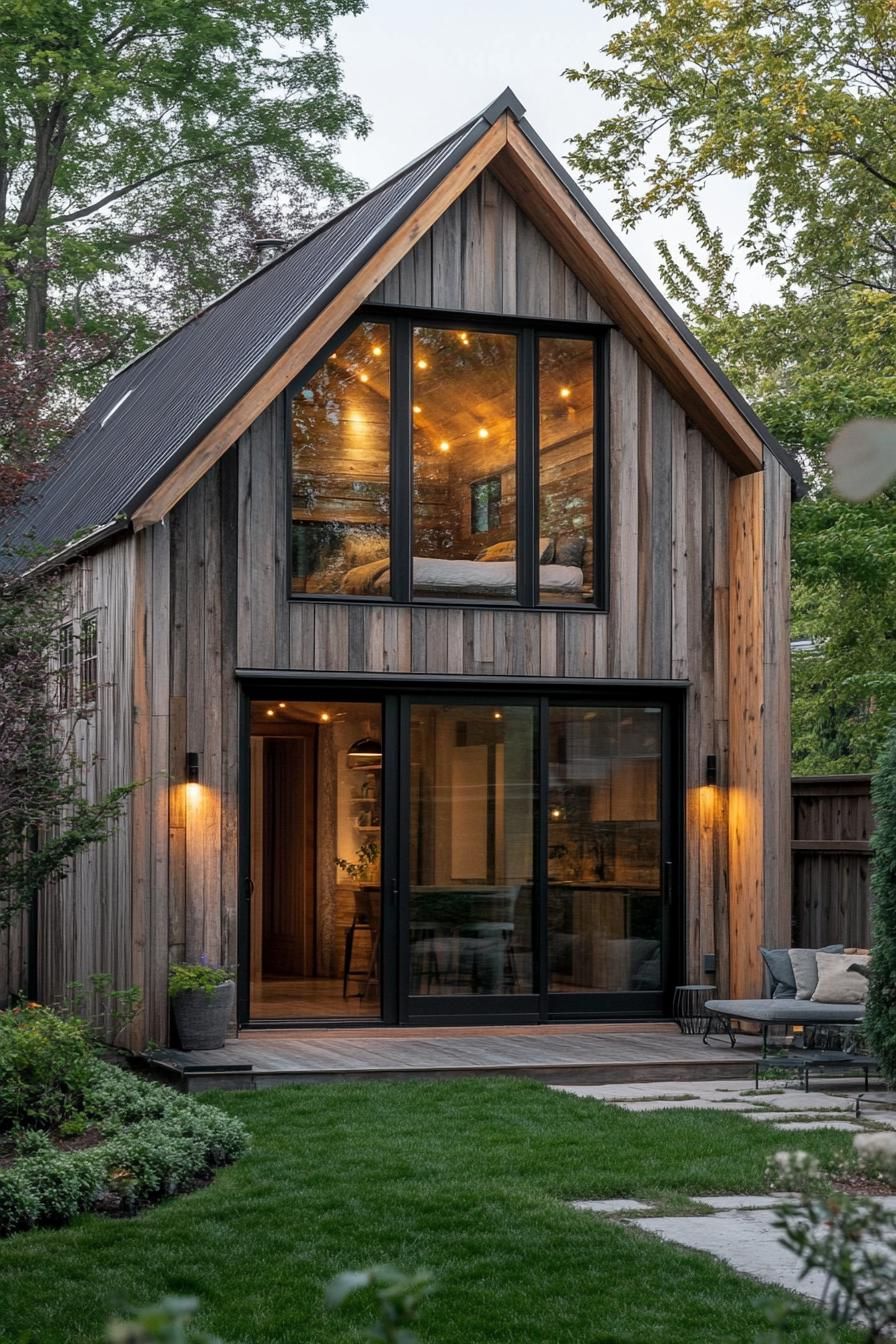 Two-story wooden shed house with large windows