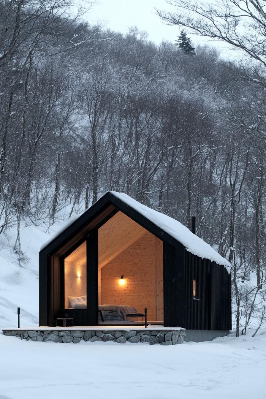 Compact wooden cabin with glowing interior nestled in snowy forest