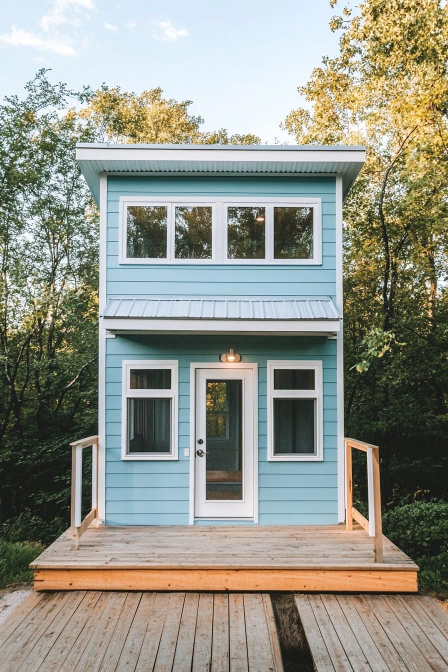 Compact sky-blue house with a porch in the woods