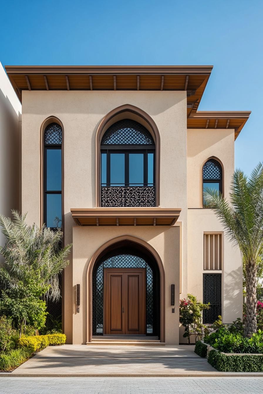 Front view of an Arabic-style house with archways and lush greenery