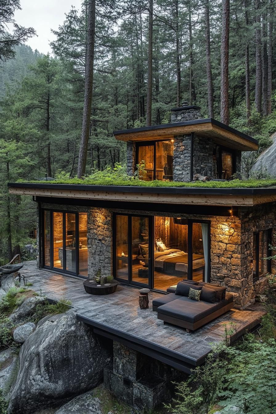 Rustic stone cabin among tall trees