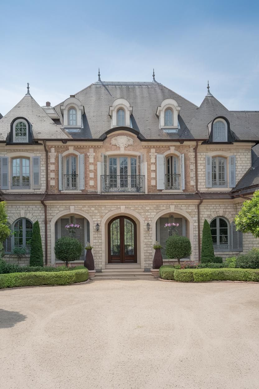 Elegant stone house with manicured landscaping