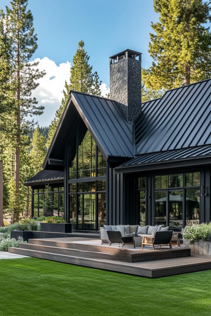 large modern cottage in black board and batten siding big black a frame metal roof with chimney large modern windows large wooden patio raised with