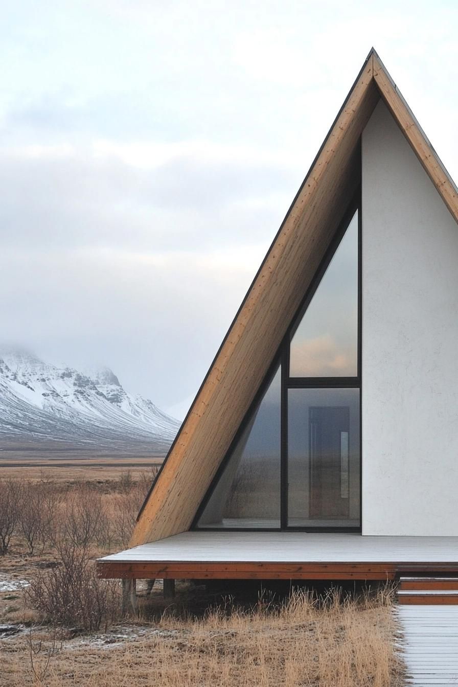 A contemporary A-frame house with wooden accents set against a snowy mountain backdrop