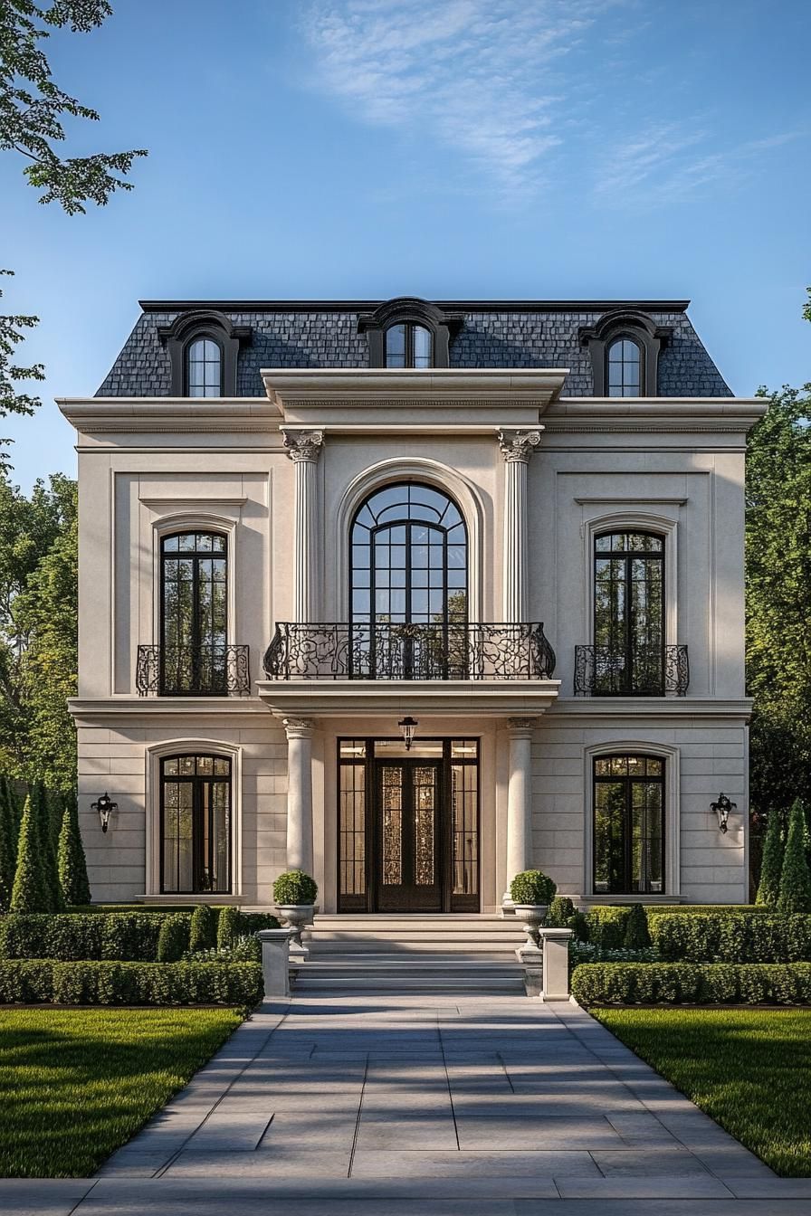 Elegant cream-colored mansion with tall windows