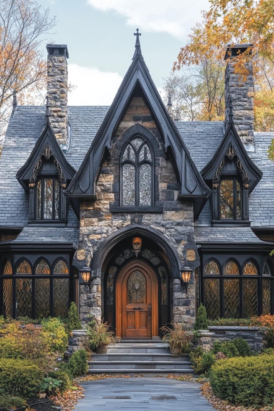 Quaint stone cottage with gothic architecture