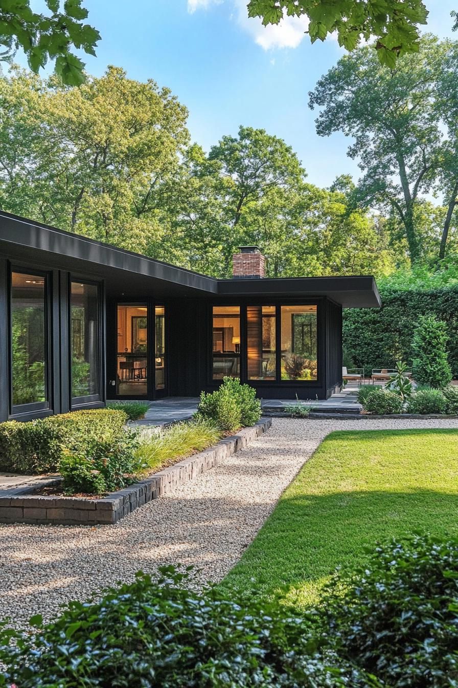 modern l shaped black bungalow ranch house with gravel courtyard with shrubs and lawn 2