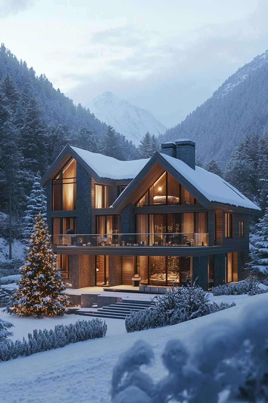 high angle view of a mountain mansion in a valley of mountains in winter with lots of snow the mansion has wooden siding large modern windows multi 2