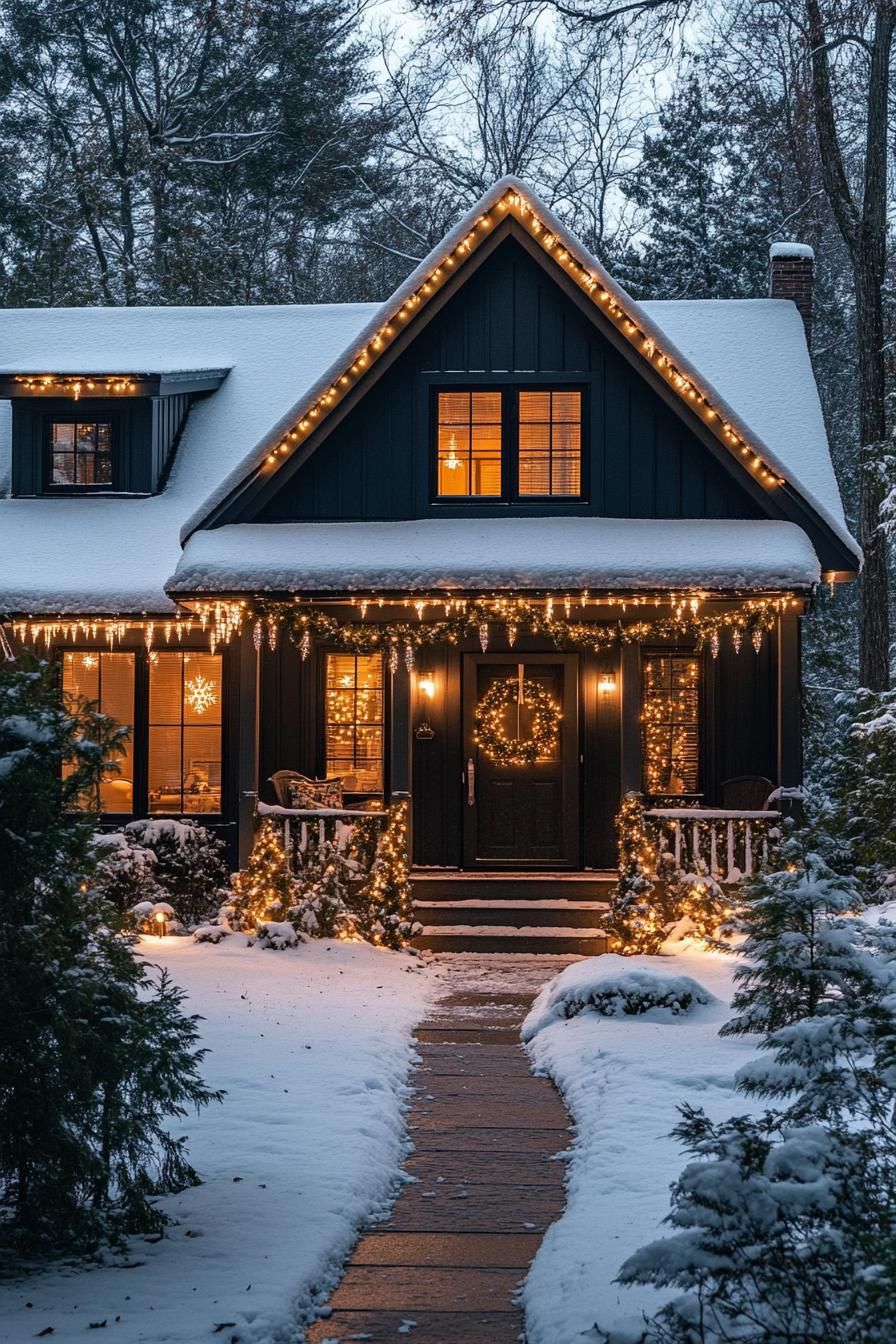 modern cottage house with gabled roof with snow dark siding porch gable with snow roof trimmed with icicles and string lights front door with 1