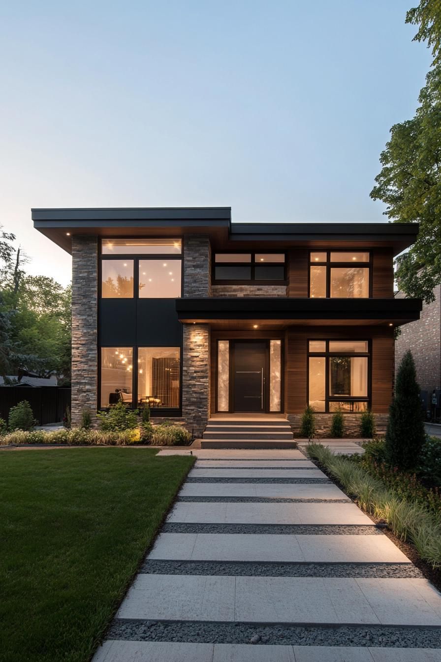 Contemporary house with large windows and stone accents