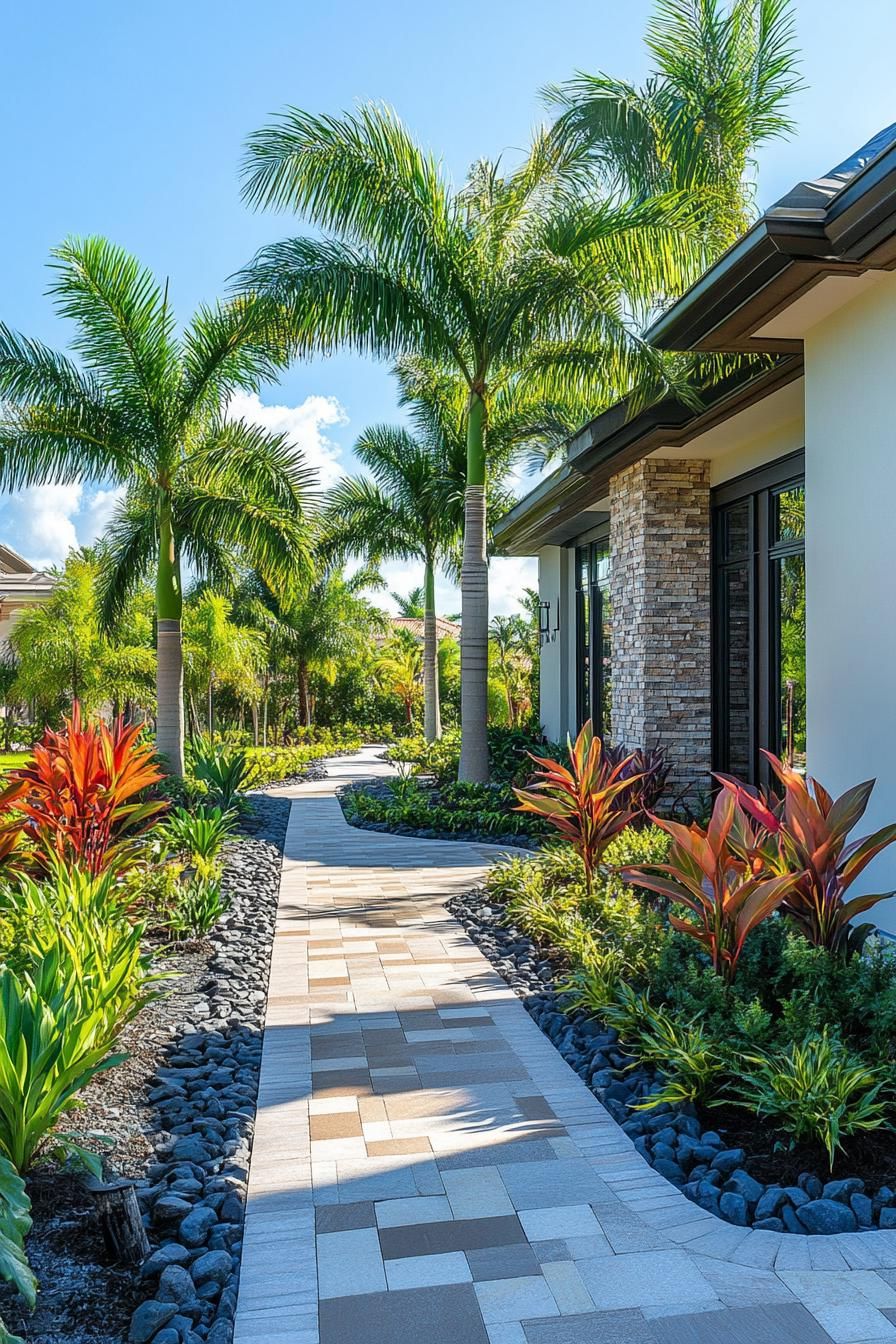 Pathway Leading to a Brick Facade House Surrounded by Palm Trees