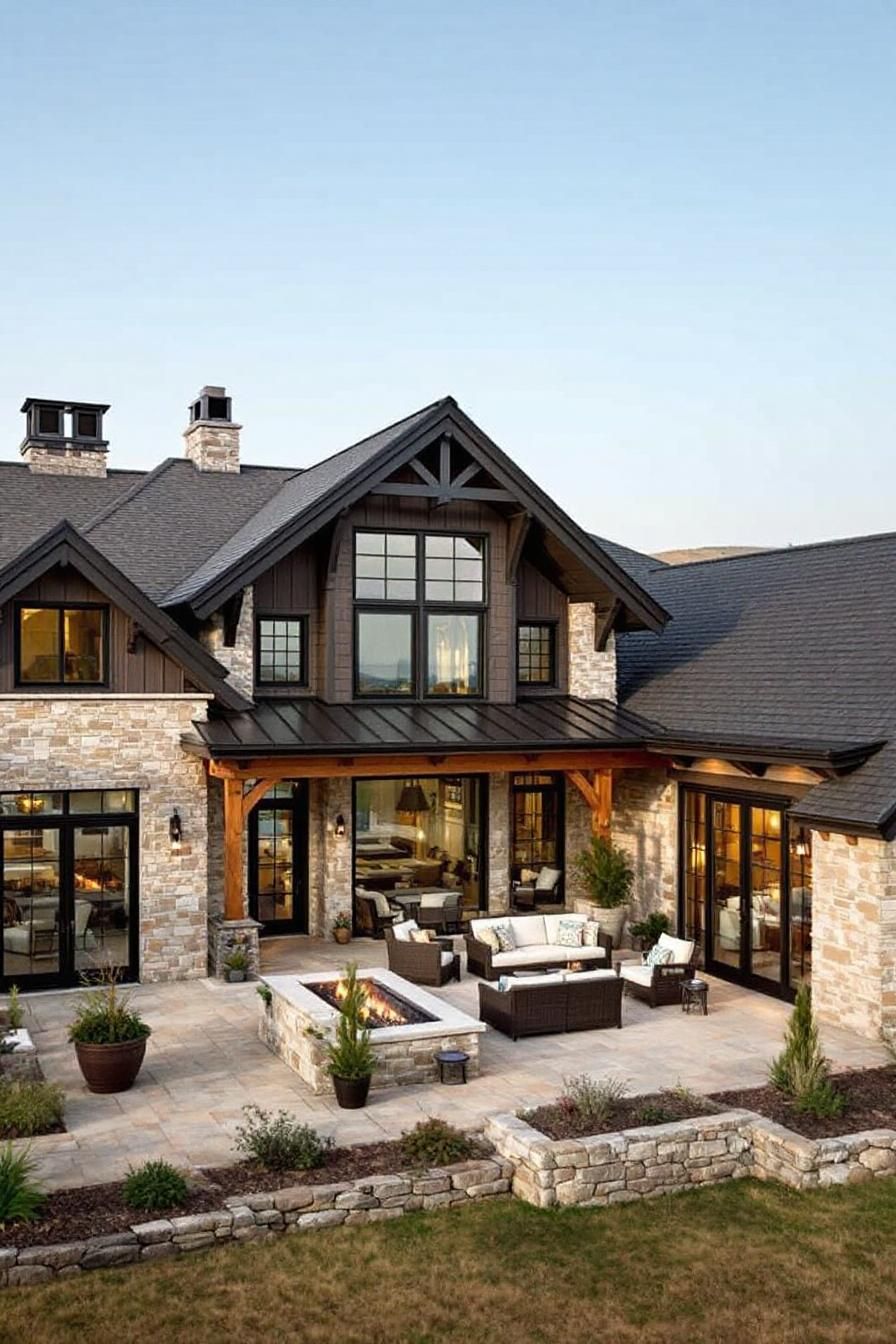 Charming ranch house with gabled roof and stone patio