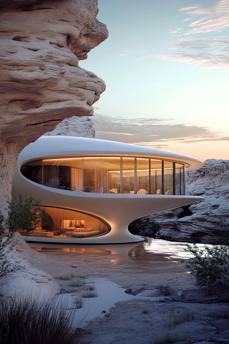 Futuristic house blending with rocky surroundings