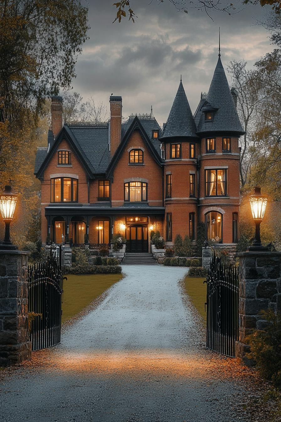 neo Victorian mansion with tall turrets brick facade black roof wide driveway stone fences garden lamps dusk scene v 6.1